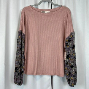 NEW Gypsies & Moondust Print-Sleeve Waffle-Knit‎ Top
